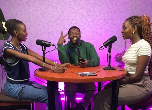 Joel Atuhaire (center) and his co-host Joanna Akunda (right) shooting an episode of the podcast. At left is a guest, Juuko Shallom