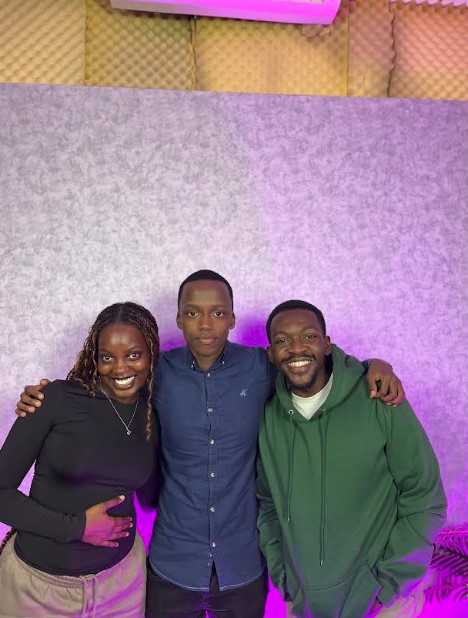 Left to right: Co-host Joanna Akunda; podcast guest Barungi Leyton; and Joel Atuhaire, after shooting an episode.