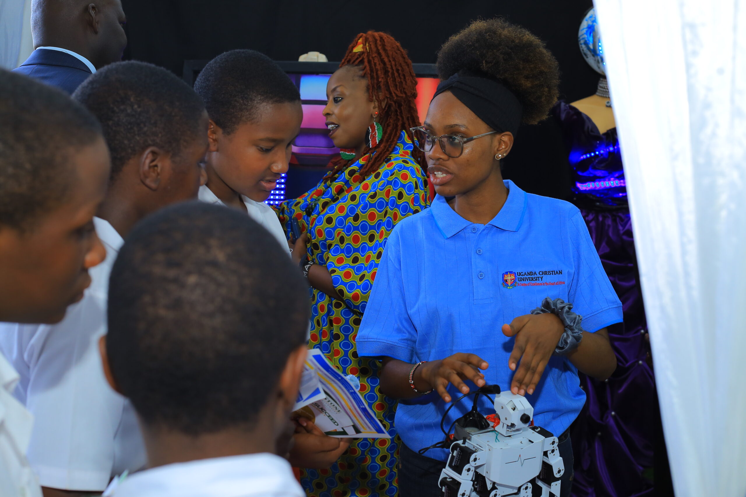 Tirzah Atwiine, right, explains some of what she has learned as a student within UCU’s Faculty of Engineering, Design and Technology