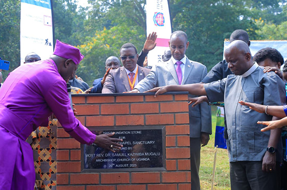 Archbishop Stephen Kaziimba Mugalu blessing the foundation stone for the 1,000-seater chapel at UCU main campus
