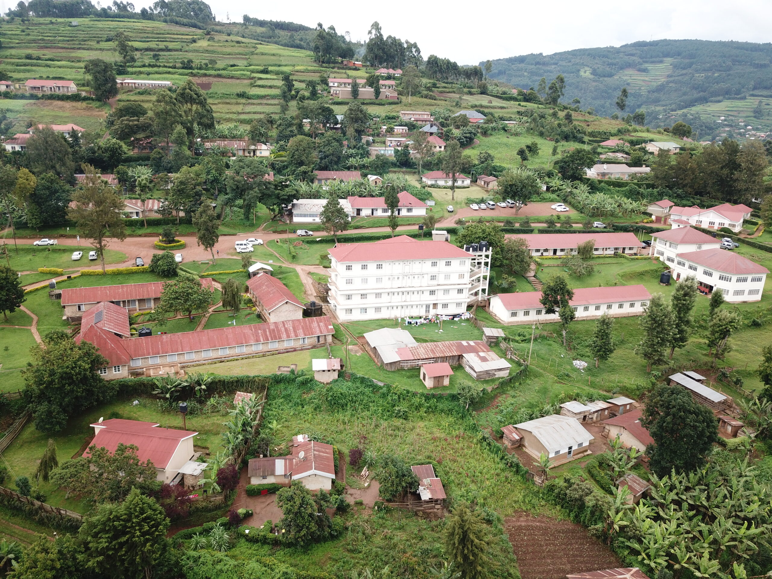 This aerial view of Bishop Barham University College in Kabale, Uganda, depicts some of the beauty of the hillside location.