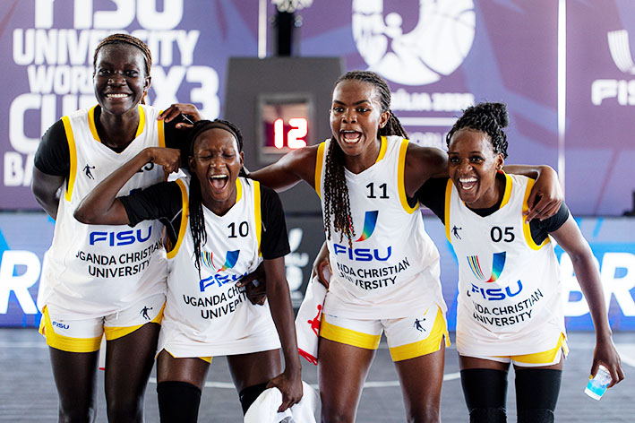 L–R: Martina Anyango, Shillah Lamunu, Sylvia Nantongo and Tracy Namugosa celebrate after their historic bronze win at the FISU 3x3 World Cup in Brasília, Brazil. The quartet became the first Ugandan university team to finish on the podium at the global tournament.