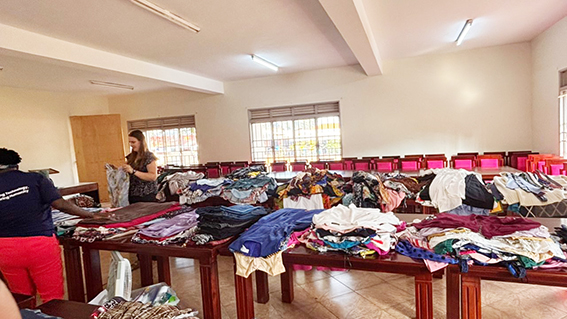 Volunteers organizing donated clothes