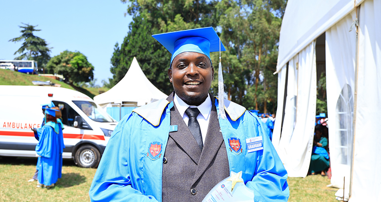 Marvin Tusiime Kagoro with his Best Male Student award after graduating with a 4.85 Grade Point Average out of 5.0 during Uganda Christian University’s graduation ceremony on July 3, 2026.