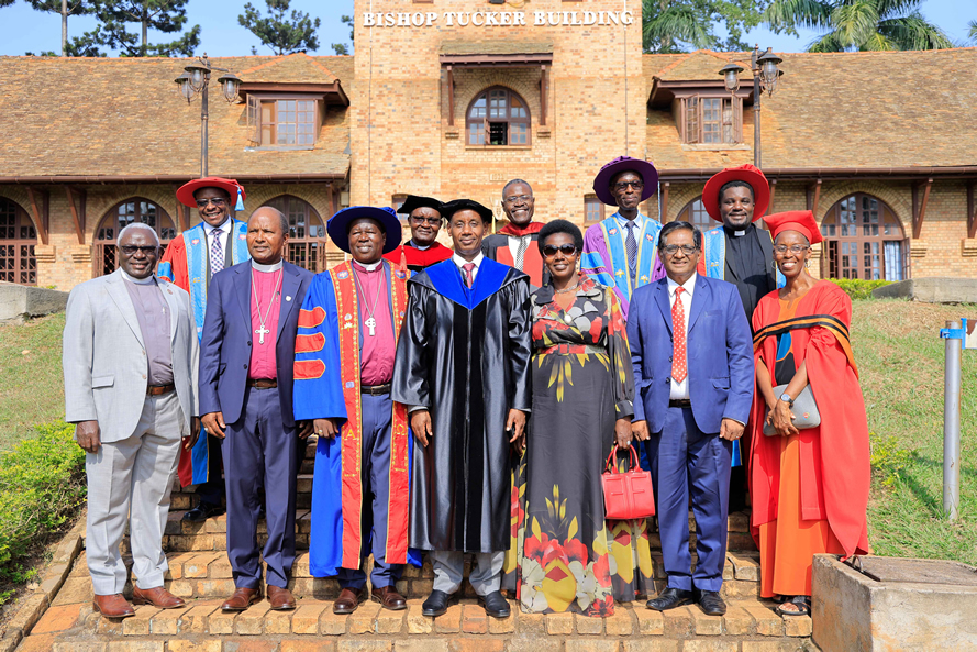 Prof. Aaron Mushengyezi (in front, centre) with some dignitaries present at the lecture. Front, left to right are: former vice chancellor John Senyonyi, Mukono Bishop Enos Kitto Kagodo, Chairperson of the UCU Governing Council and Bishop of Lango Alfred Olwa, Mrs Patience Mushengyezi, Vice Chancellor of ISBAT University Col. Dr. K M Mathew and Prof. Monica Chibita. Standing, back, left to right: Deputy Vice Chancellor Finance and Administration Mr. David Mugawe, Former Dean of UCU Bishop Tucker School of Divinity and Theology Rev. Canon. Christopher Byaruhanga, Professor of Biblical Studies Peter Nyende, Dean UCU School of Medicine Assoc. Prof. Charles Karamagi, and Deputy Vice Chancellor of Academic Affairs, Rev. Prof. John Kitayimbwa